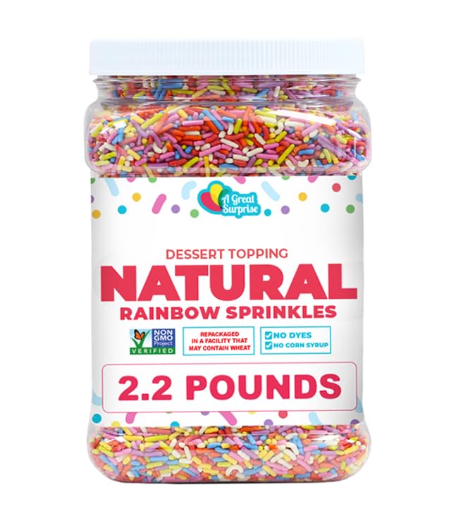Dye-Free Rainbow Sprinkles 2.2 LB - Natural Vegan Baking Toppings with No Artificial Dyes or Flavors Non-GMO Jimmies for Cookies, Cakes, Ice Cream & Cupcakes