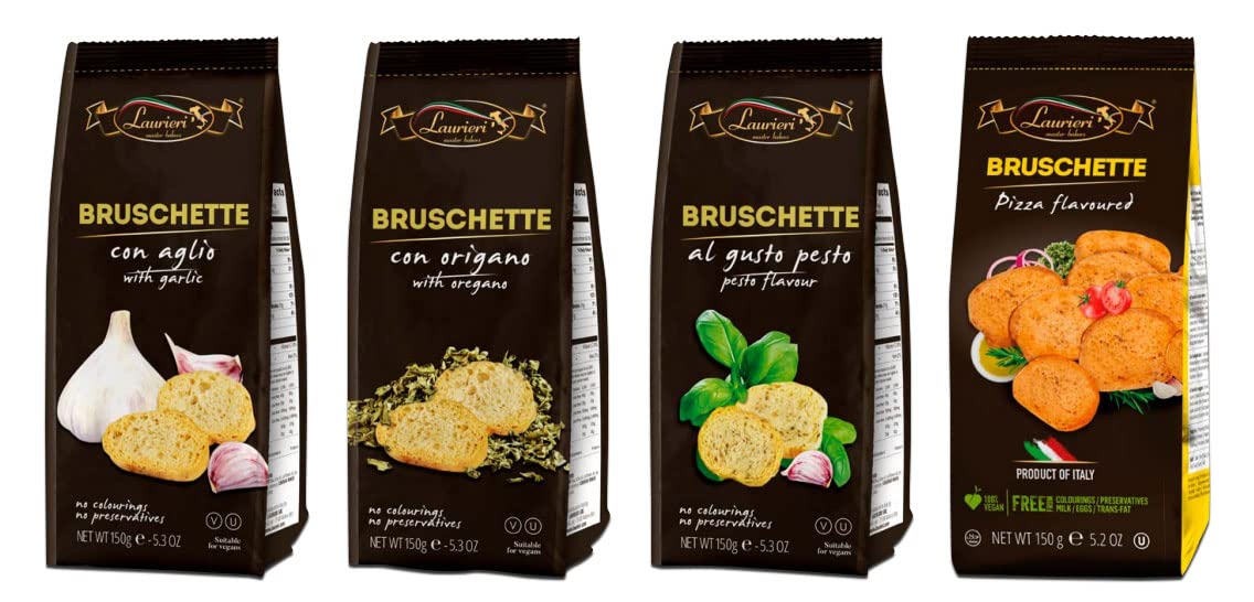 Cracker Assortment - Pack of 4 - Crostini Toast for Bruschetta - Sharing Size - Kosher, Vegan - Assorted Gourmet Flavors Pesto, Oregano, Pizza, Garlic - Italian Bruschette Chips for Cheese, Charcuterie