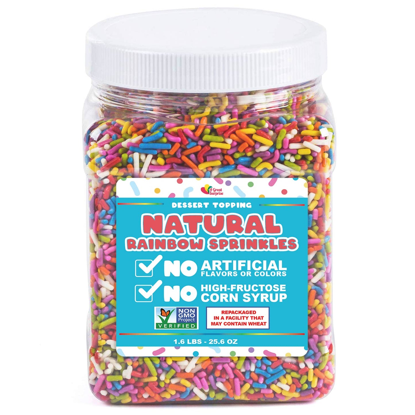 Dye-Free Rainbow Sprinkles 1.6 Pounds - Natural Vegan Baking Toppings with No Artificial Dyes or Flavors Non-GMO Jimmies for Cookies, Cakes, Ice Cream & Cupcakes