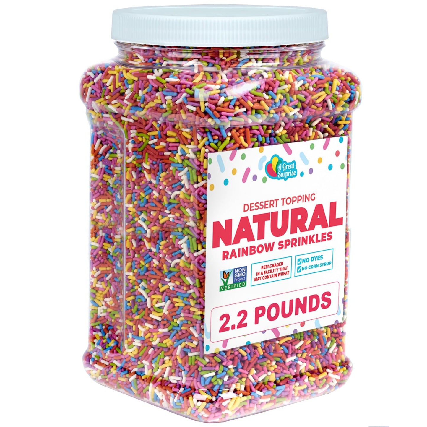 Dye-Free Rainbow Sprinkles 2.2 LB - Natural Vegan Baking Toppings with No Artificial Dyes or Flavors Non-GMO Jimmies for Cookies, Cakes, Ice Cream & Cupcakes