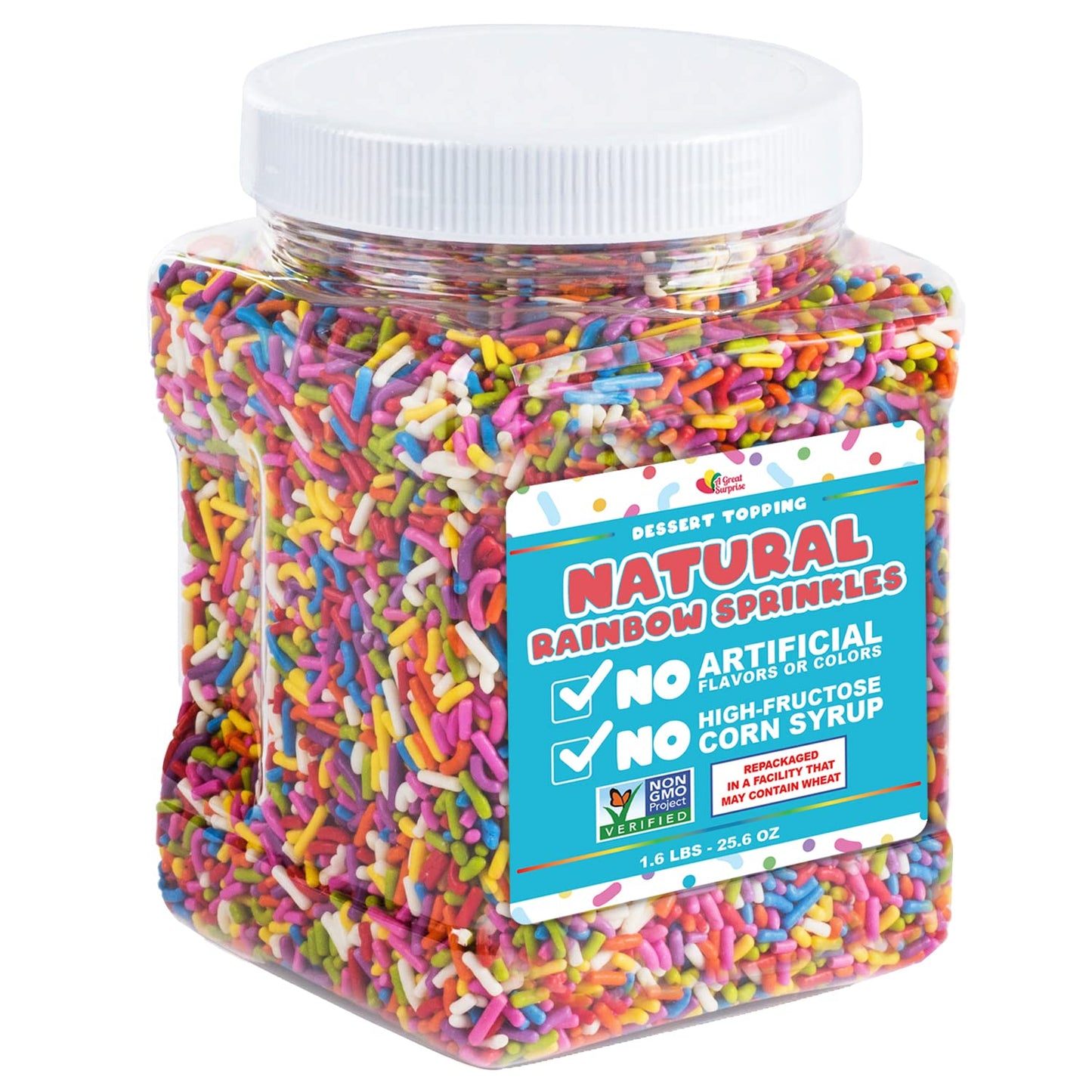 Dye-Free Rainbow Sprinkles 1.6 Pounds - Natural Vegan Baking Toppings with No Artificial Dyes or Flavors Non-GMO Jimmies for Cookies, Cakes, Ice Cream & Cupcakes