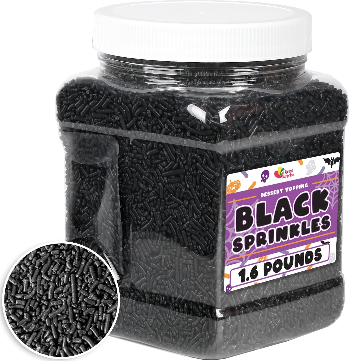 Black Sprinkles 1.6 Pounds Bulk Dessert Topping Perfect for Halloween Cupcakes, Cookies, Ice Cream, Cake Decorating, Baking, and Party Treats Large Resealable Container