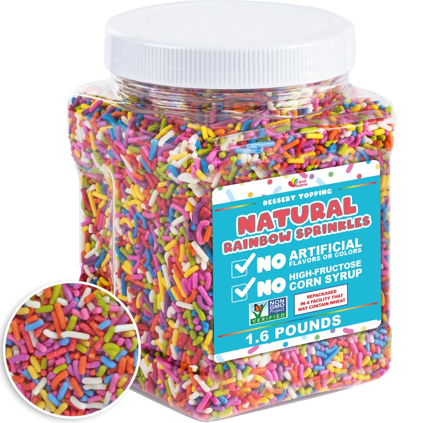 Dye-Free Rainbow Sprinkles 1.6 Pounds - Natural Vegan Baking Toppings with No Artificial Dyes or Flavors Non-GMO Jimmies for Cookies, Cakes, Ice Cream & Cupcakes