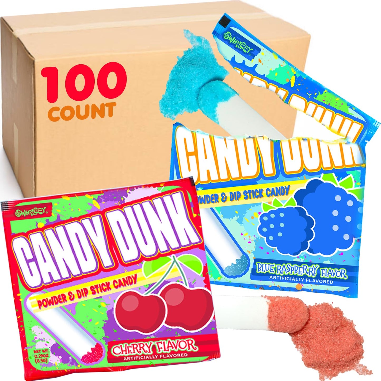 Yum Dip Candy - 100 Count - Dipping Candy for Kids - Raspberry & Cherry Flavor - Powder Dip Stick Treat - Fun Interactive Favors for Birthdays, Pinatas