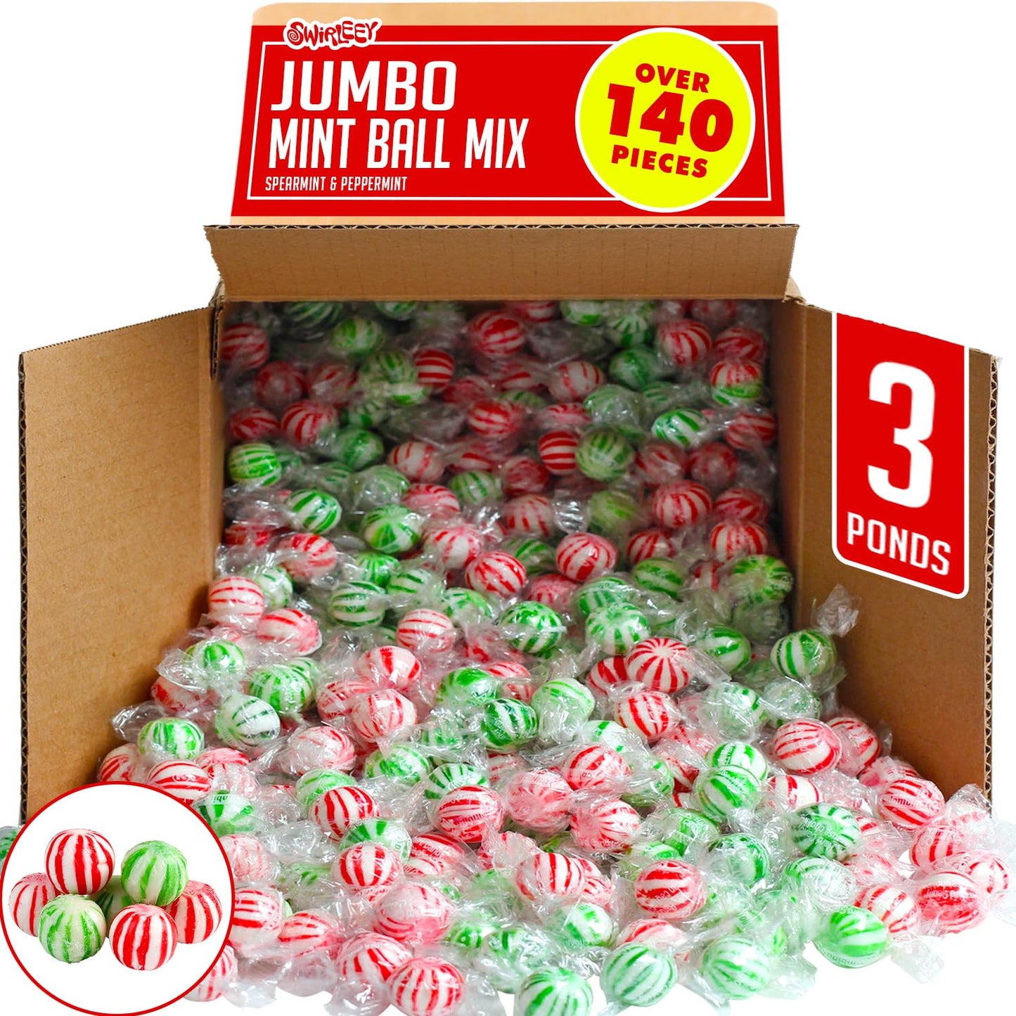 Jumbo Mint Balls - 5 Pounds - Spearmint & Peppermint Hard Candies - Mint Bulk Candies - Individually Wrapped Bulk Mints - Refreshing Office Candies