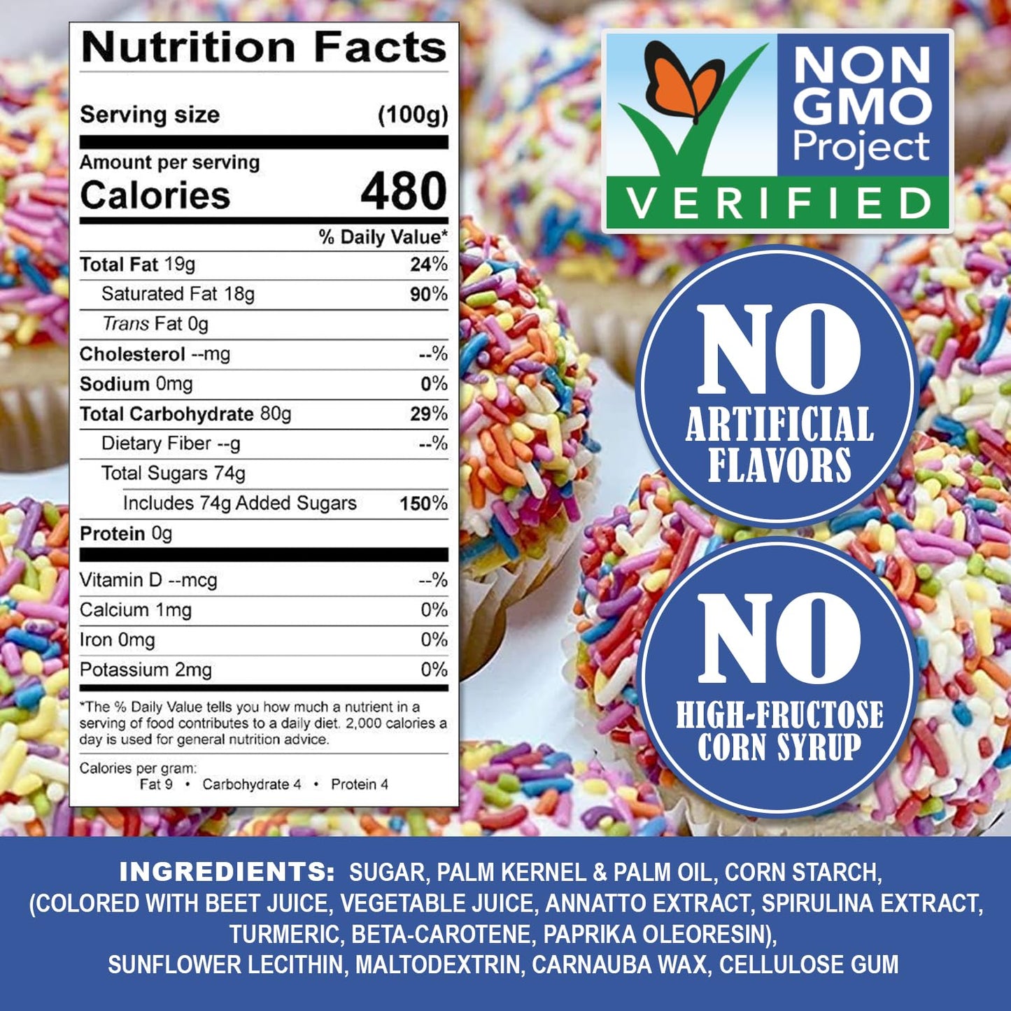 Dye-Free Rainbow Sprinkles 1.6 Pounds - Natural Vegan Baking Toppings with No Artificial Dyes or Flavors Non-GMO Jimmies for Cookies, Cakes, Ice Cream & Cupcakes