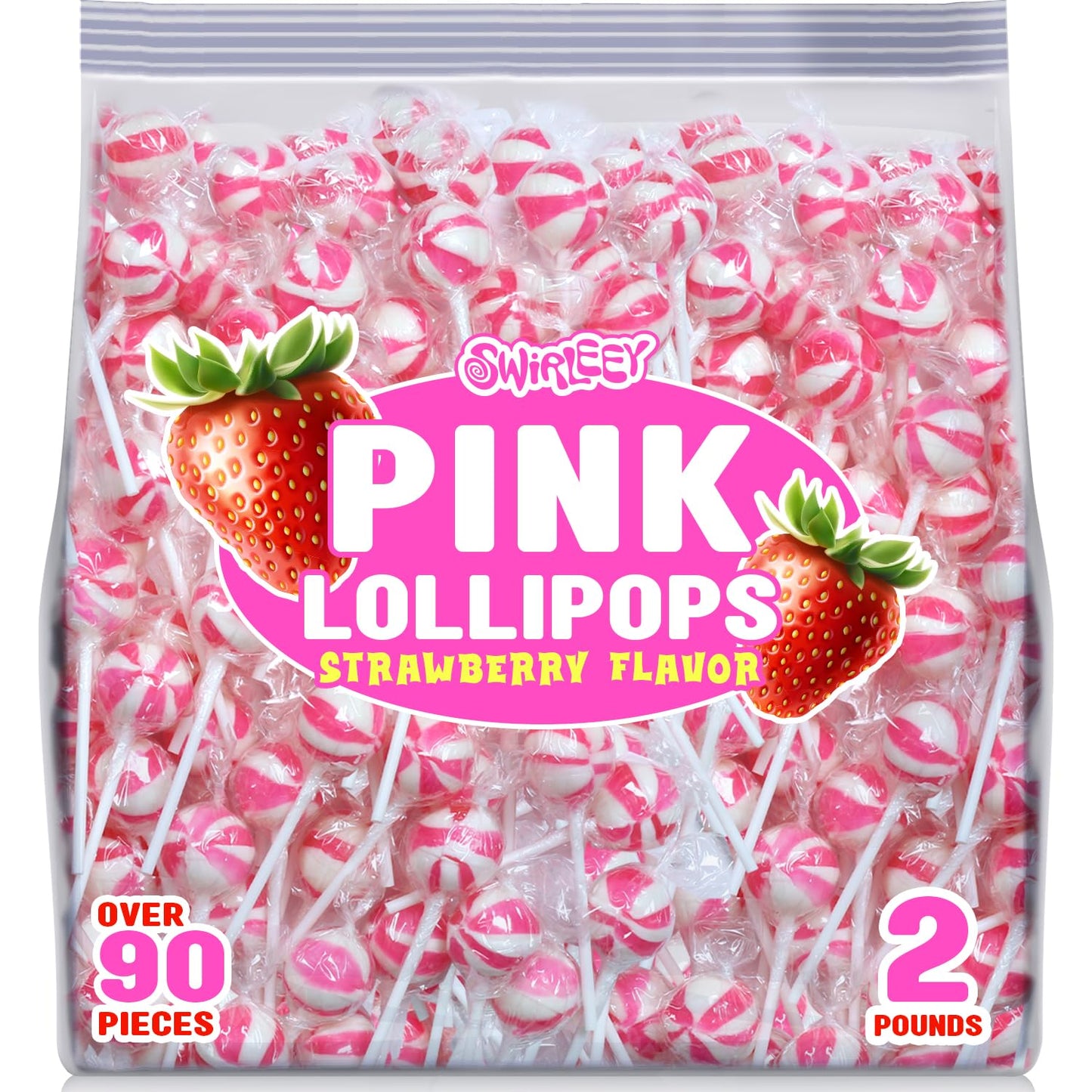 Pink Lollipops - 2 Pounds - Strawberry Flavor - Bulk Pink Candies for Buffet - Suckers for Baby Shower, Baby Girl, Theme Parties