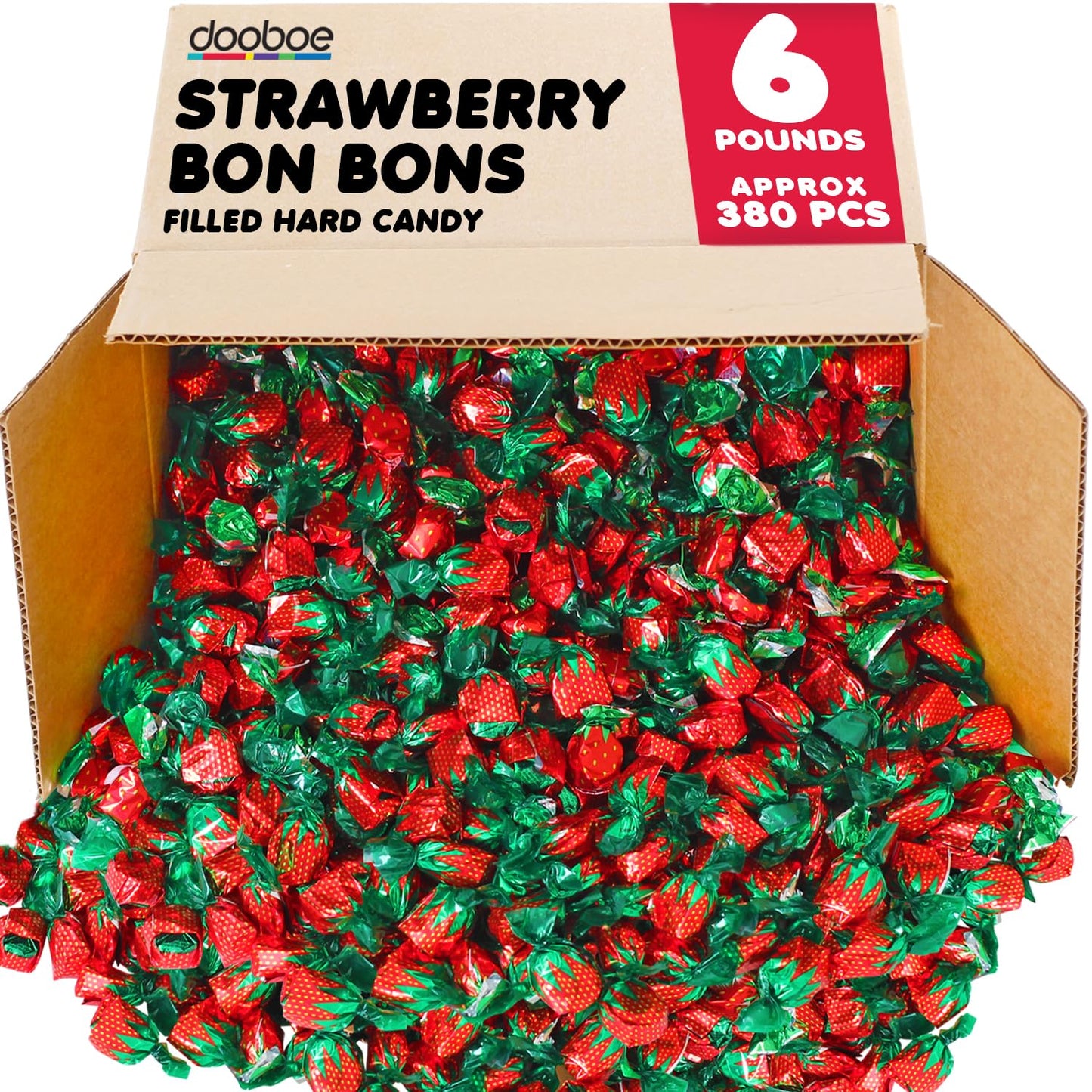 Strawberry Hard Candy - 6 Pounds - Bulk Individually Wrapped Candy for Office - Strawberry Bon Bons - Red Foil Candies - Approx 380 Berry Fruit Flavored Suckers - Classic Hard Candy