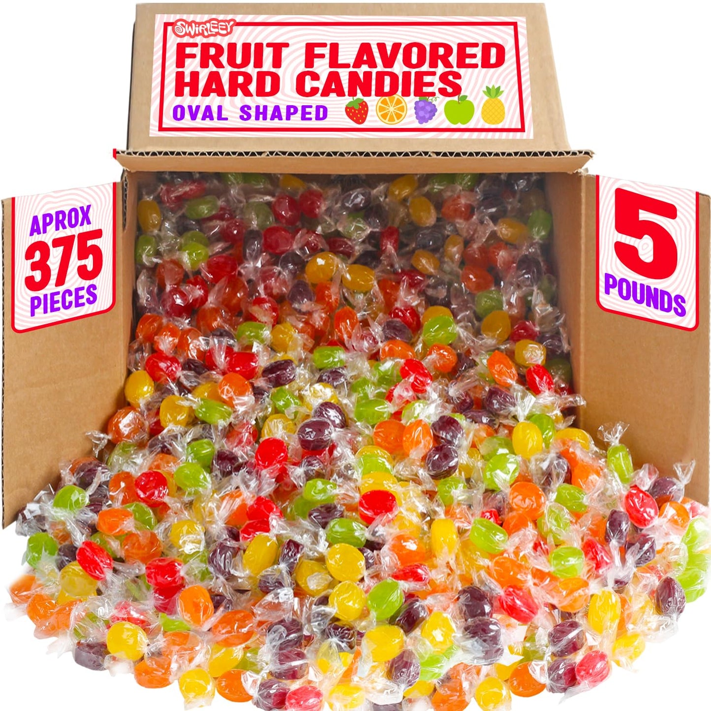 Assorted Fruit Hard Candy - 5 Pounds - Classic Hard Candies Assortment - Oval Shaped Sweets for Offices, Desk, Parties
