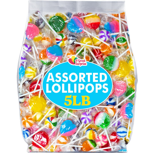 A Great Surprise Halloween Lollipop Assortment - 5 Pounds - Sucker Bulk - Classic Bulk Lollipops - Individually Wrapped - Classroom, Birthday Goodie Bags