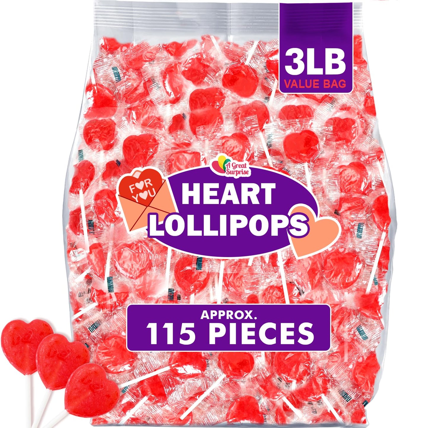 Red Heart Lollipops - 3 Pounds - Heart Shaped Suckers - Red Candies for Candy Buffet - Strawberry Flavored