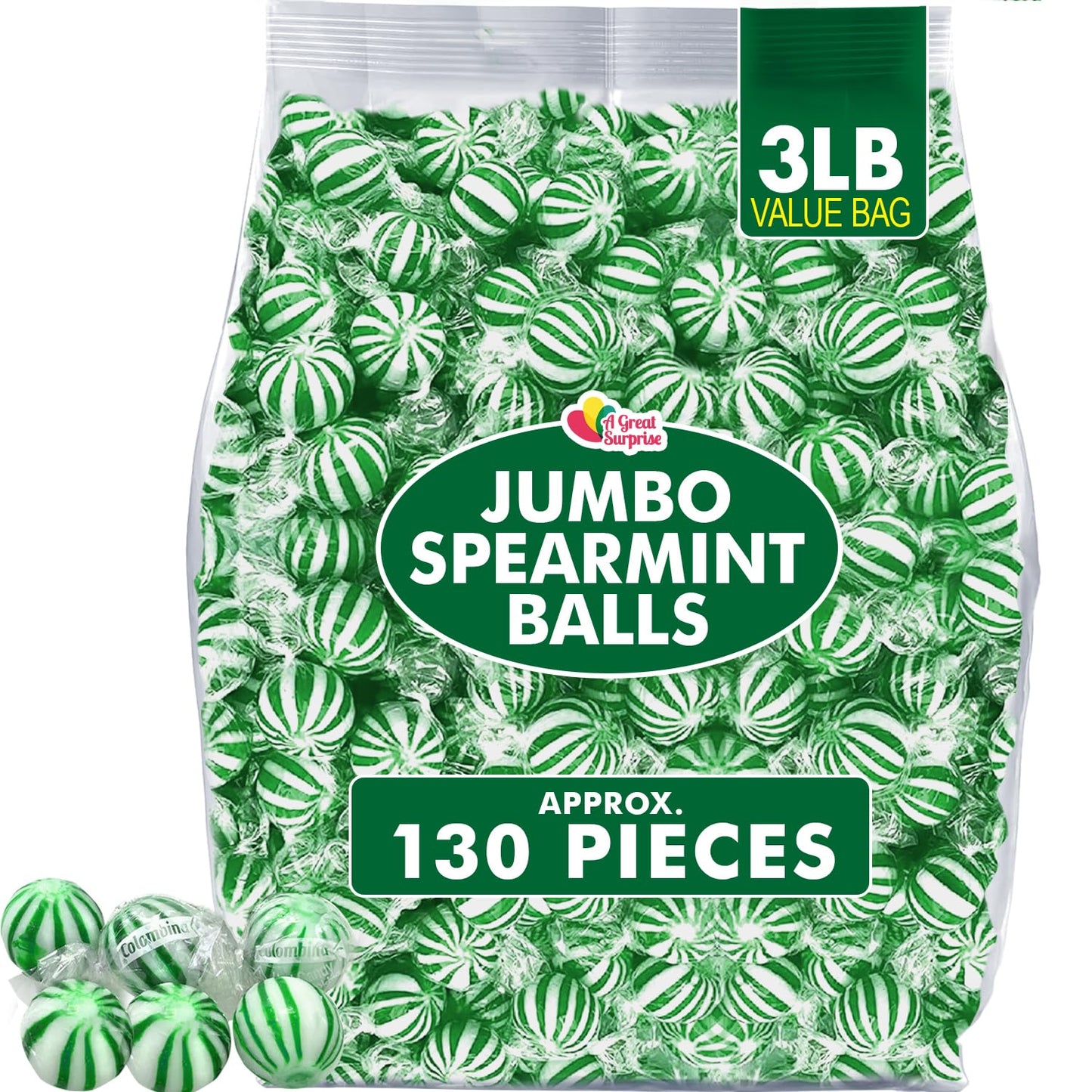 Jumbo Spearmint Mint Balls - 3 Pounds - Bulk Green Starlight Mints for Saint Patrick’s Day, Candy Buffets & Events | Refreshing Classic Minty Treats