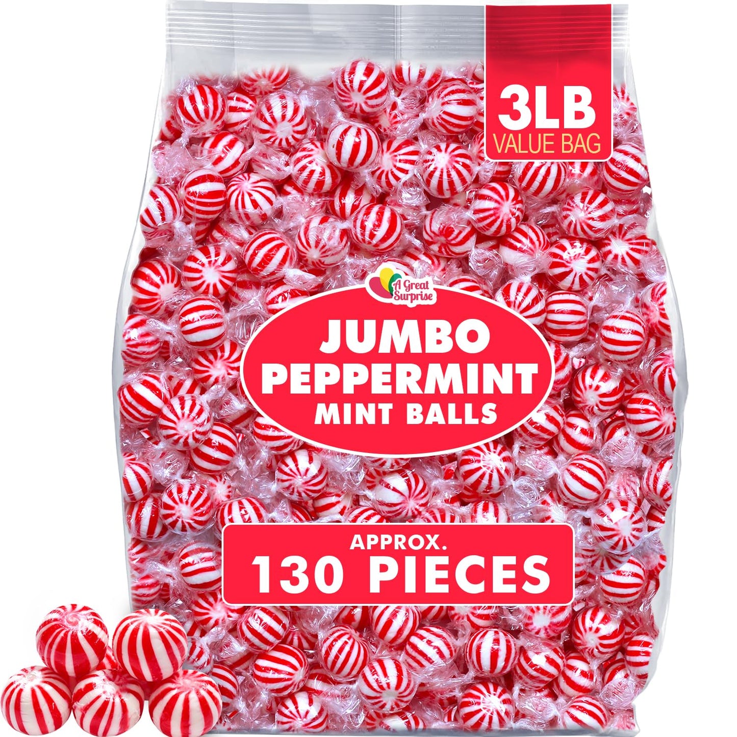 Peppermint Balls - 3 Pounds - Bulk Red Mint Hard Candy - Red and White Candy for Buffet - Individually Wrapped
