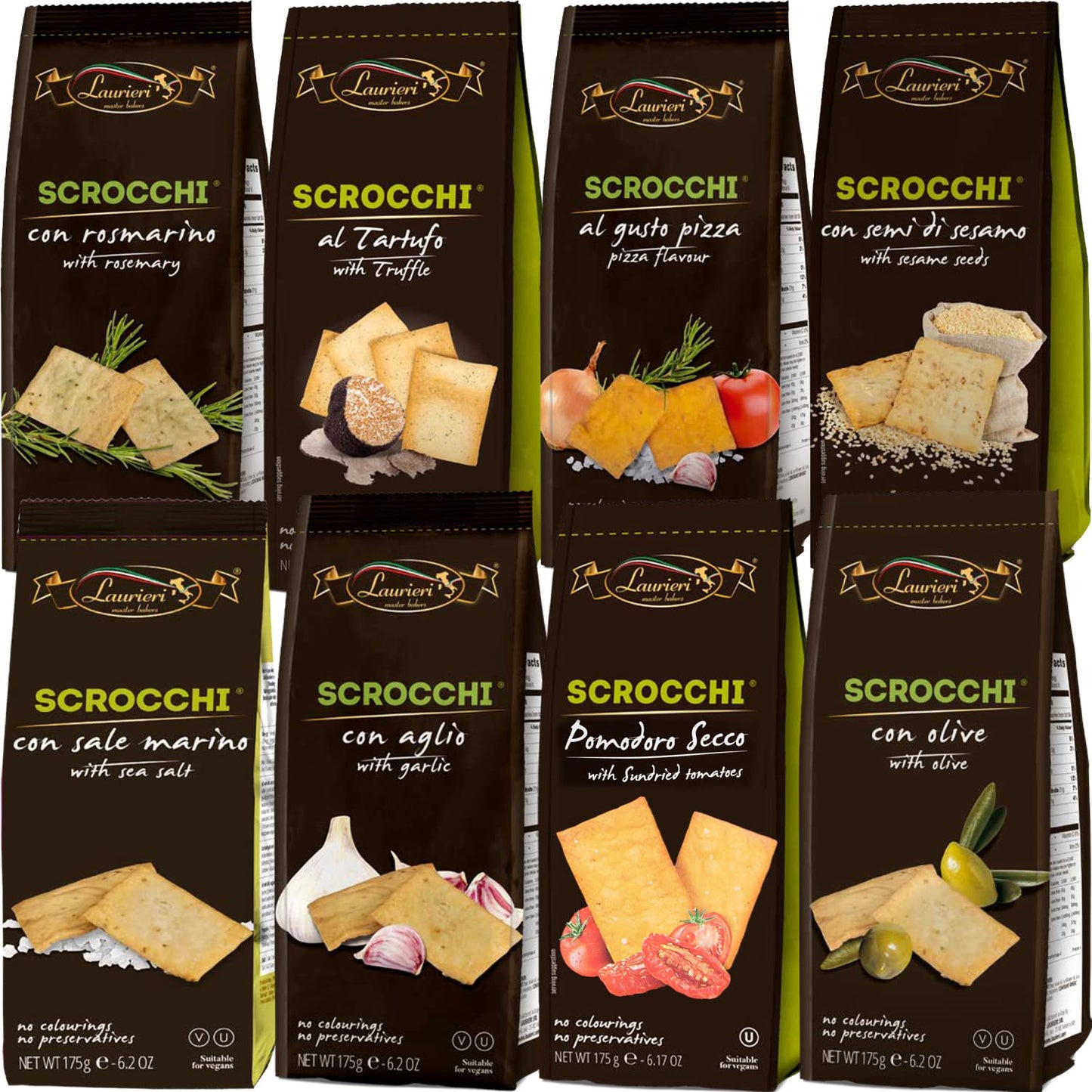 PITA Crackers - Pack of 8 - SHARING SIZE - Kosher Crackers - Vegan - Perservatives Free - Artisan Italian Crackers for Cheese Platters - Assorted Flavors: Sea Salt, Rosemary, Olive, Garlic, Sesame, Truffle, Sun Dried Tomato, Pizza - Gourmet Italian Snacks