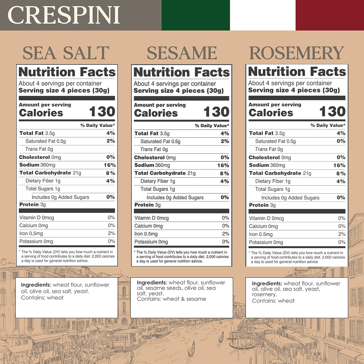 Breadsticks - PACK OF 6 - Assorted Flavors Breadstick Crackers - Grissini Freshly Baked From Italy - Kosher - Vegan - Perservatives Free - Assorted Flavors Sea Salt, Rosemary, Sesame - Kosher Breadstick Crackers In Bulk - Snack Sticks