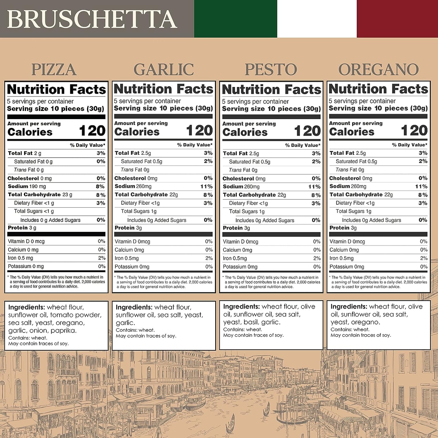 Cracker Assortment - Pack of 4 - Crostini Toast for Bruschetta - Sharing Size - Kosher, Vegan - Assorted Gourmet Flavors Pesto, Oregano, Pizza, Garlic - Italian Bruschette Chips for Cheese, Charcuterie