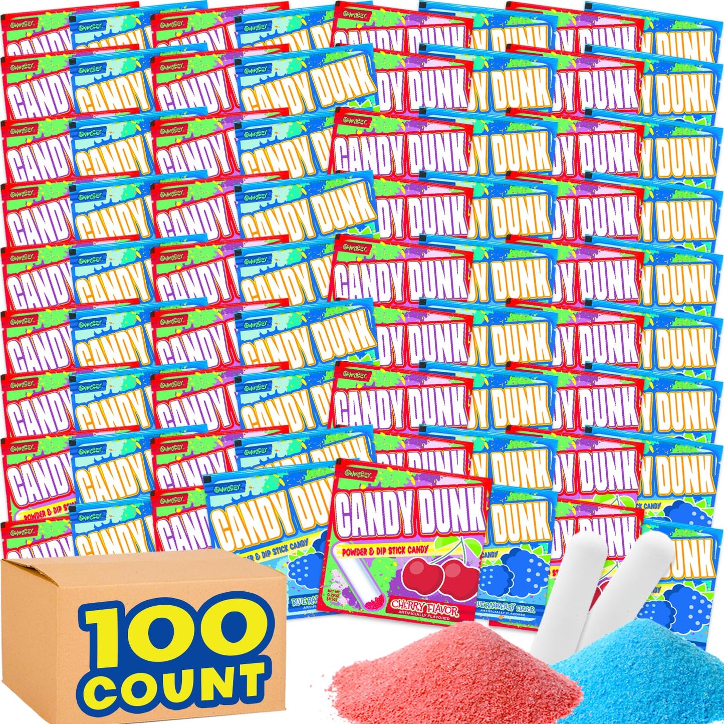 Yum Dip Candy - 100 Count - Dipping Candy for Kids - Raspberry & Cherry Flavor - Powder Dip Stick Treat - Fun Interactive Favors for Birthdays, Pinatas