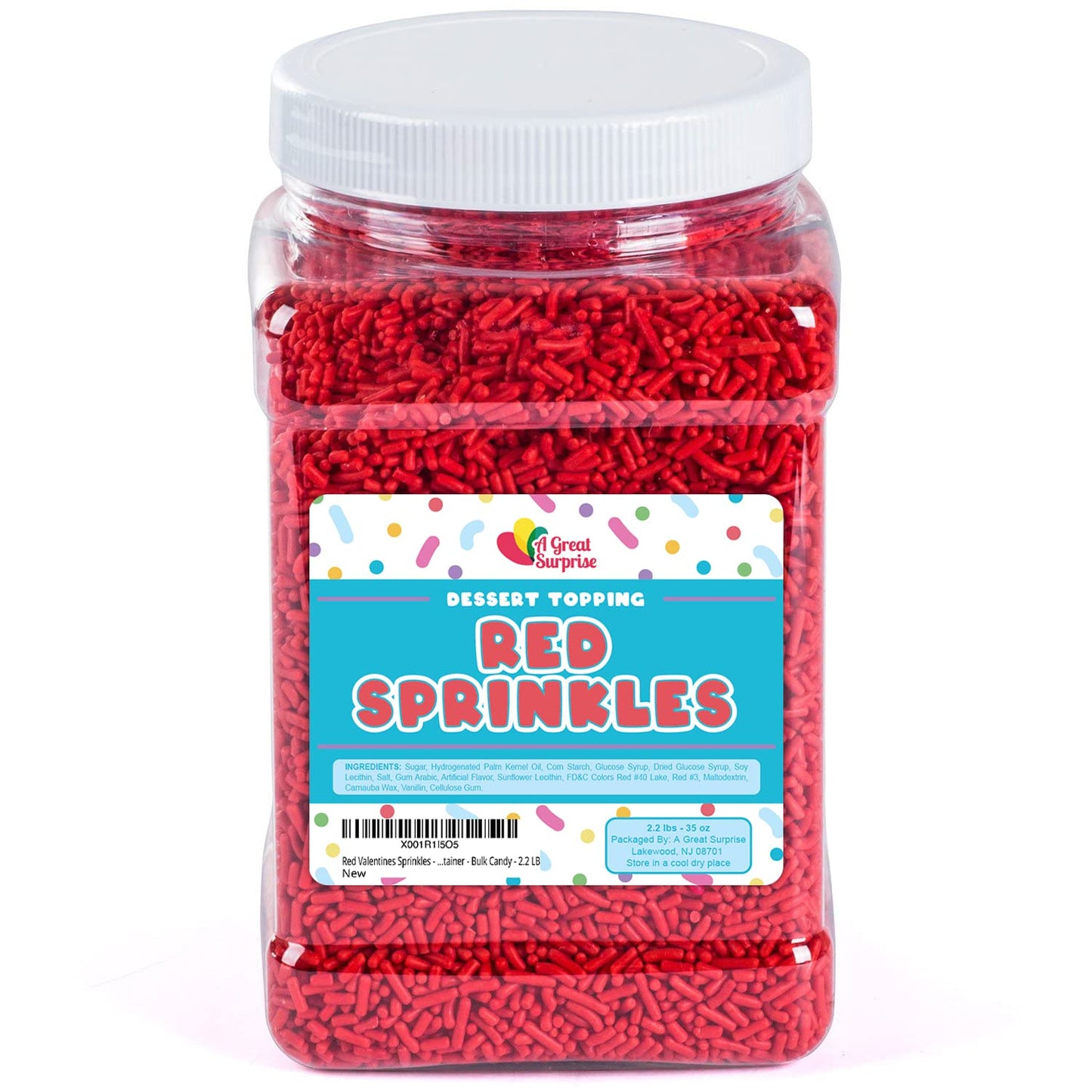 Red Sprinkles - Red Jimmies - Jimmy Sprinkles for Cake Decorating - Red Sprinkles Bulk - Red Jimmies in Resealable Container - Bulk Candy - 2.2 LB