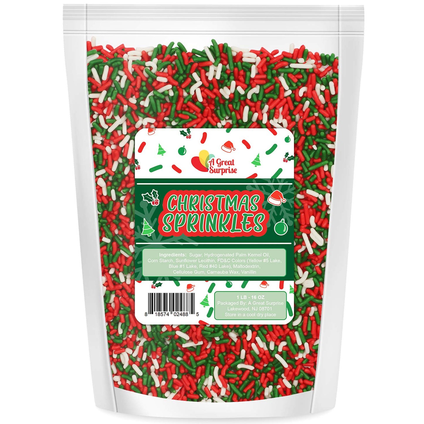 Christmas Sprinkles - Bulk Holiday Sprinkles - 16 Oz - Red, White & Green Jimmies - Bulk Toppings