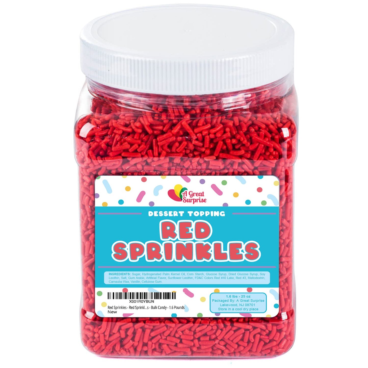 Red Sprinkles - Red Jimmies for Cookie Decorating - Red Sprinkles Bulk in Resealable Container - Red Sprinkles Jimmies - Bulk Candy - 1.6 Pounds