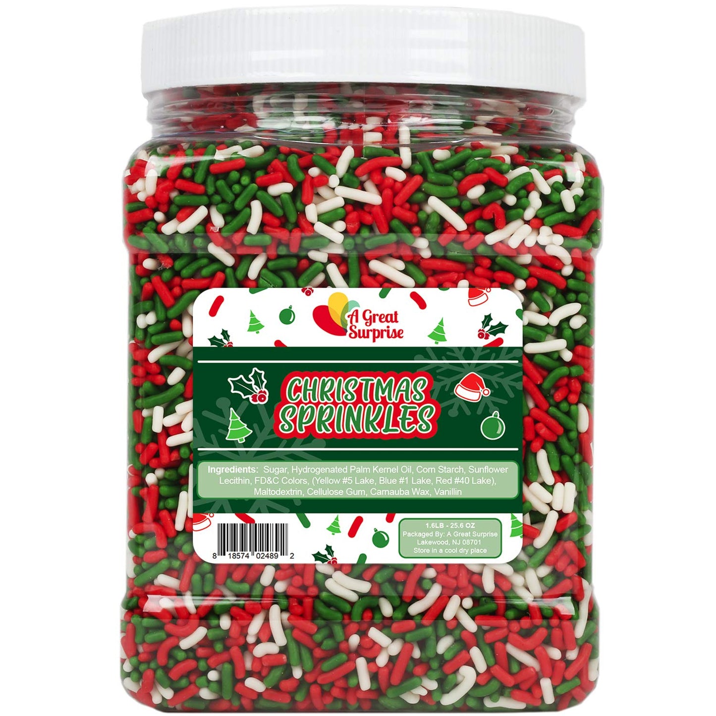 Christmas Sprinkles - Bulk Holiday Sprinkles - 1.6 LB Container - Red White and Green Jimmies