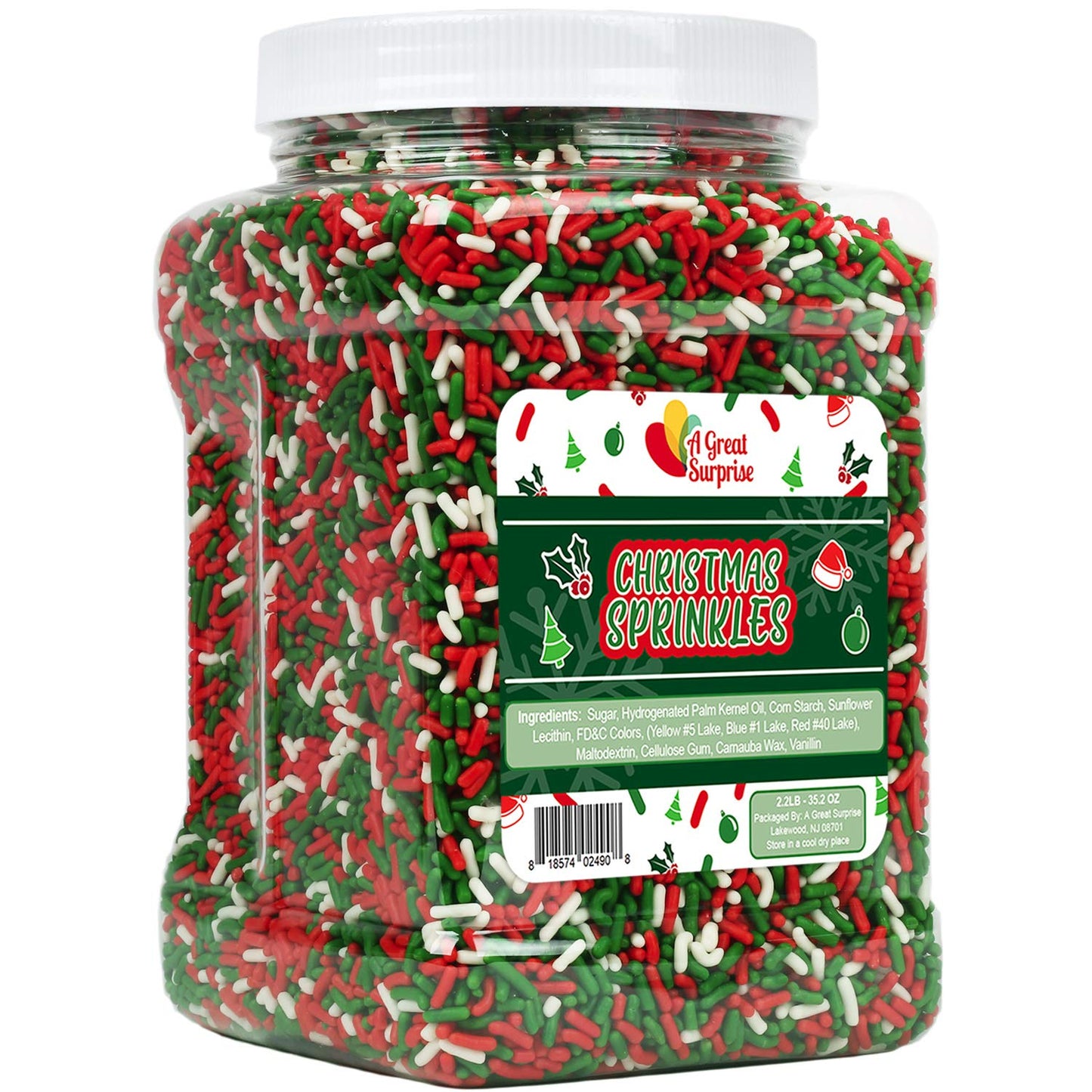 Christmas Sprinkles - Bulk Holiday Sprinkles - 2.2 LB Container - Red White and Green Jimmies