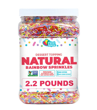 Dye-Free Rainbow Sprinkles  2.2 LB - Natural Vegan Baking Toppings with No Artificial Dyes or Flavors  Non-GMO Jimmies for Cookies, Cakes, Ice Cream & Cupcakes