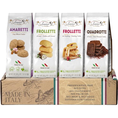Italian Cookies Gift Box - Pack Of 4 - Cookie Gift from Italy - Amaretti, Frolletti, Quadrotti - Shortbread Cookie and Pastry Sampler - Sharing Size - Coconut, Almond, Cranberry and Cocoa Flavors - Kosher, Vegan, Preservatives Free