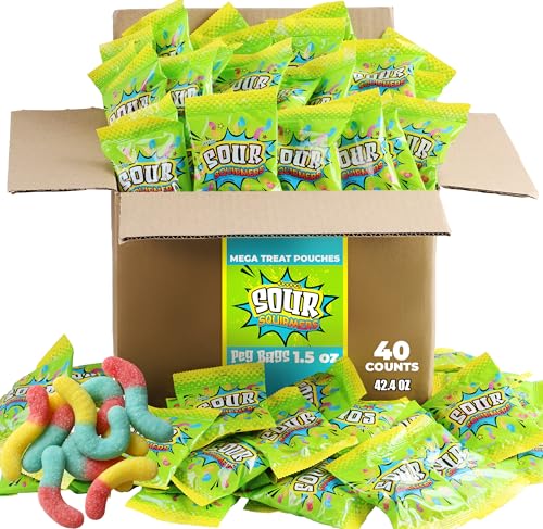 Dooboe Full Size Sour Gummy Worms Bulk Pack - 40 Packs (30 Gram Peg Bags) - Stocking Stuffers Sour Squirmers Individually Wrapped for Kids and Adults, Parties, School, Pinata
