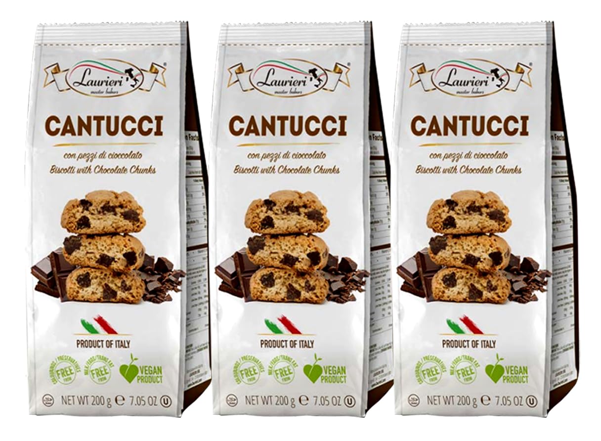 Chocolate Chip Biscotti - Pack of 3 - Biscotti Italian Cookies - Mini Biscotti Cookies From Italy - Italian Snacks for Coffee - Tea Cookies For Dipping - Kosher, Vegan