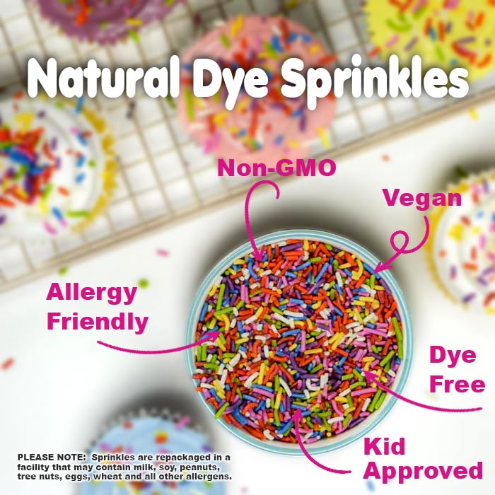A Great Surprise Dye-Free Rainbow Sprinkles  1.6 Pounds - Natural Vegan Baking Toppings with No Artificial Dyes or Flavors  Non-GMO Jimmies for Cookies, Cakes, Ice Cream & Cupcakes