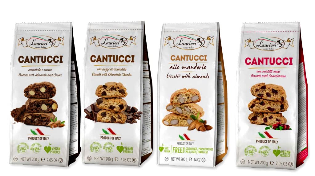 Biscotti Italian Cookies - 4 Pack - Snack Size Biscotti Cookies from Italy - Gift Basket - Assorted Flavors Almond, Cranberry, Choco Chunks, Almond Cocoa - Crunchy Coffee Cookies for Dipping - Kosher