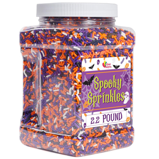 A Great Surprise Halloween Sprinkles - 2.2 LB - Orange, Black, Purple and White Jimmies - Spooky Season Sprinkles