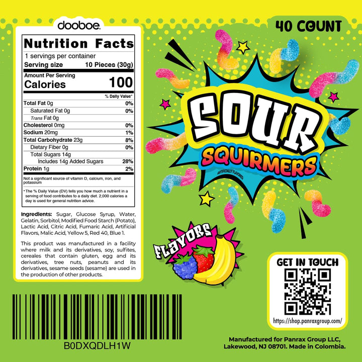 Dooboe Full Size Sour Gummy Worms Bulk Pack - 40 Packs (30 Gram Peg Bags) - Stocking Stuffers Sour Squirmers Individually Wrapped for Kids and Adults, Parties, School, Pinata