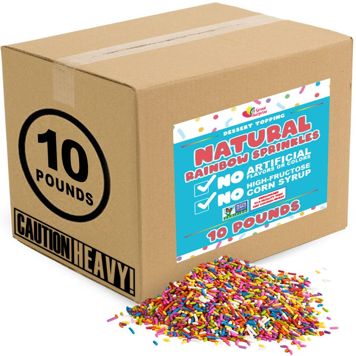 Bulk Natural Rainbow Sprinkles - 10 LB Wholesale - Kosher - Non-GMO, Dye-Free Jimmies - Bakery-Grade Sprinkles for Cakes, Ice Cream, Cookies, Catering & Large Events