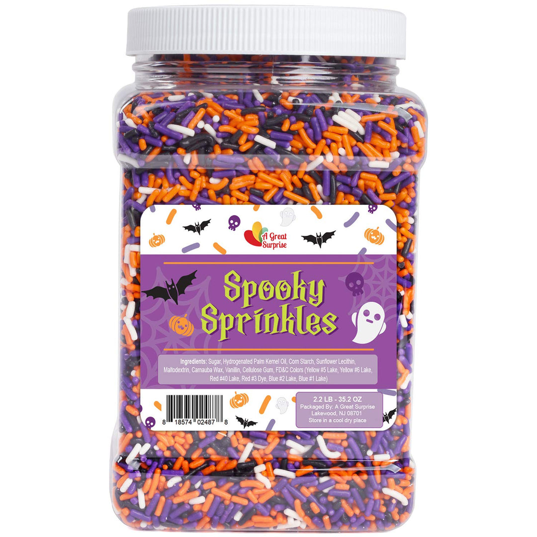 A Great Surprise Halloween Sprinkles - 2.2 LB - Orange, Black, Purple and White Jimmies - Spooky Season Sprinkles