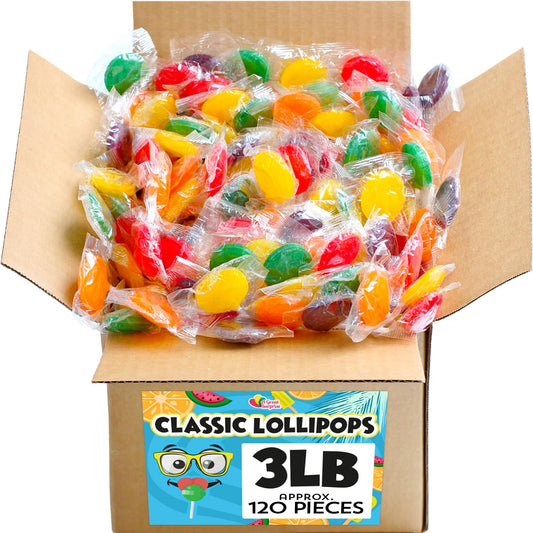 Classic Lollipops - 3 Pounds - Flat Lollipops Individually Wrapped - Round Bulk Lollipops For Kids, Doctors Office