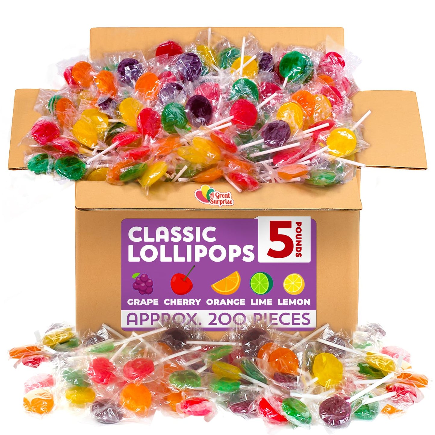 A Great Surprise Classic Lollipops Bulk - 5 Pounds - Halloween Lollipops Individually Wrapped - Trick or Treat Fruit Flavored Suckers for Kids - Church, School, Birthday (Fruit)