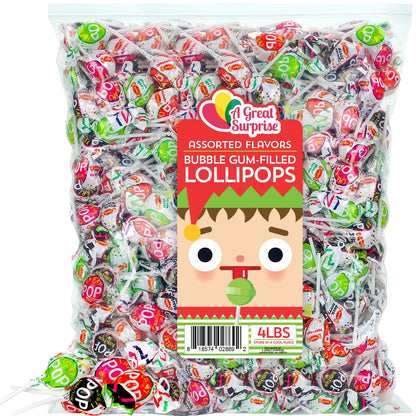 Gum Lollipops - 4 Pounds - Christmas Gum Filled Lollipops and Suckers - Holiday Assorted Flavors Lollipops - Xmas Lollipops Gum Center - Bulk Party Candy