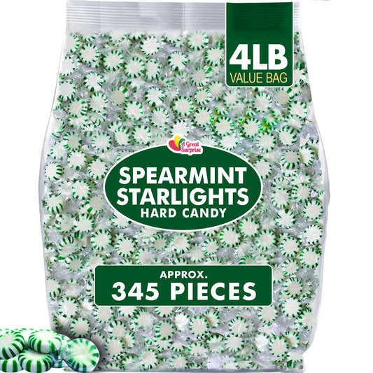 A Great Surprise Spearmint Starlight Mints  4-Pound Bulk Bag - Individually Wrapped - Green and White Hard Candies for Office, Reception