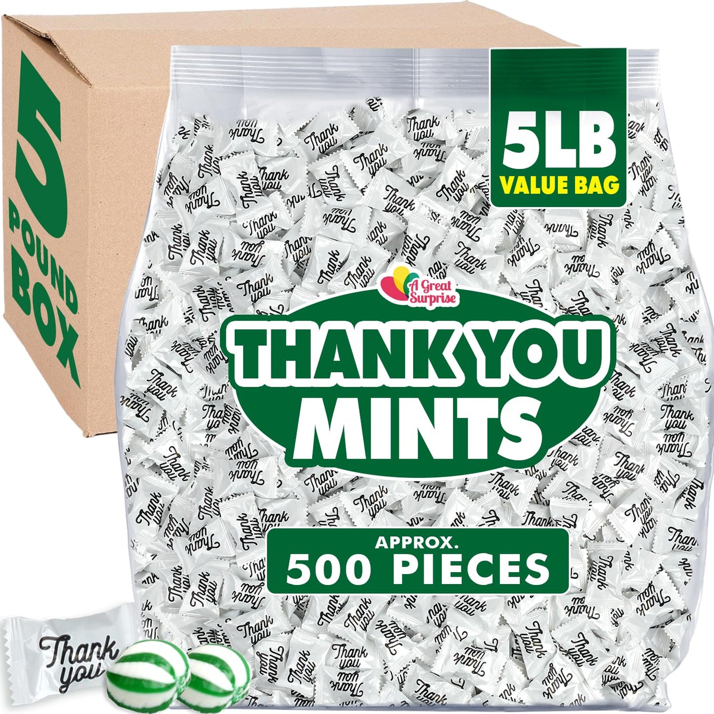 Thank You Hard Candy Mints - 5 Pounds - Individually Wrapped Spearmint - Sweets for Hospitality, Office Reception, Weddings, Gifting, and Basket Fillers