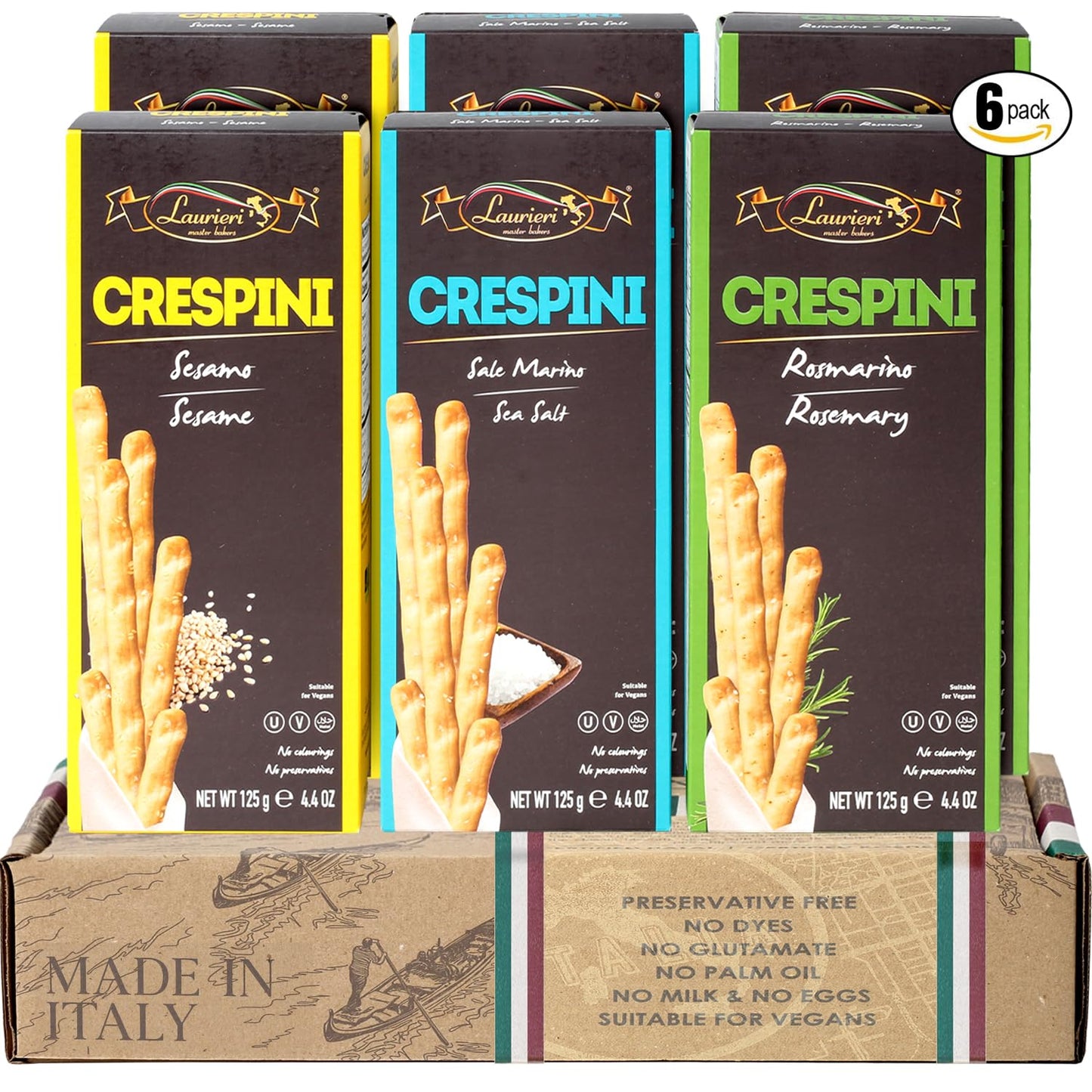 Breadsticks - Pack of 6 - Assorted Flavors Breadstick Crackers - Grissini Freshly Baked From Italy - Kosher - Vegan - Perservatives Free - Assorted Flavors Sea Salt, Rosemary, Sesame