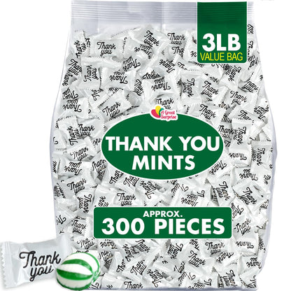 Thank You Mints - Approx. 300 Pieces - Individually Wrapped Spearmint Candies - After Dinner Mint Hard Candy for Restaurants, Weddings, Party Favors - 3 Pounds