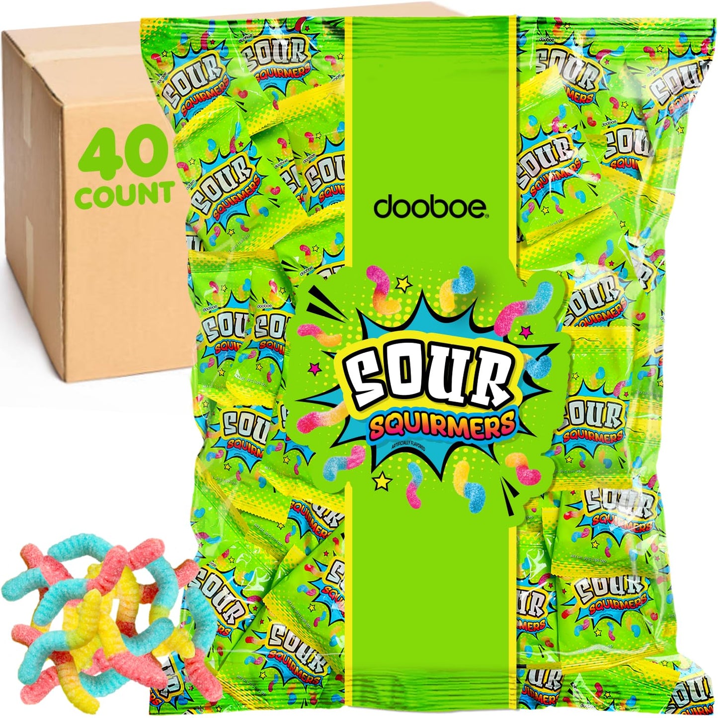 Sour Gummy Worms Bulk Pack - 40 Packs - Individually Wrapped Candy Bags for Kids, Parties, Camp, and Travel | Assorted Flavors, On-the-Go Snacks, Lunchbox Favorites, and Party Favors