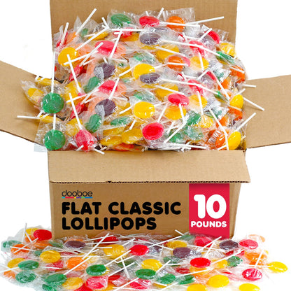 Flat Classic Lollipops in Bulk - 10 Pounds - Lollipops for Kids - Round Lolly Pops - Assorted Fruit Flavors - Candy Suckers - Party Candy Goodie Bag Fillers - Big Bulk Office Candy