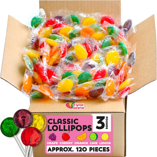 Classic Lollipops - 3 Pounds - Summer Lollipops - Individually Wrapped - Flat Round Bulk Suckers For Kids, Doctors Office, Schools, Banks