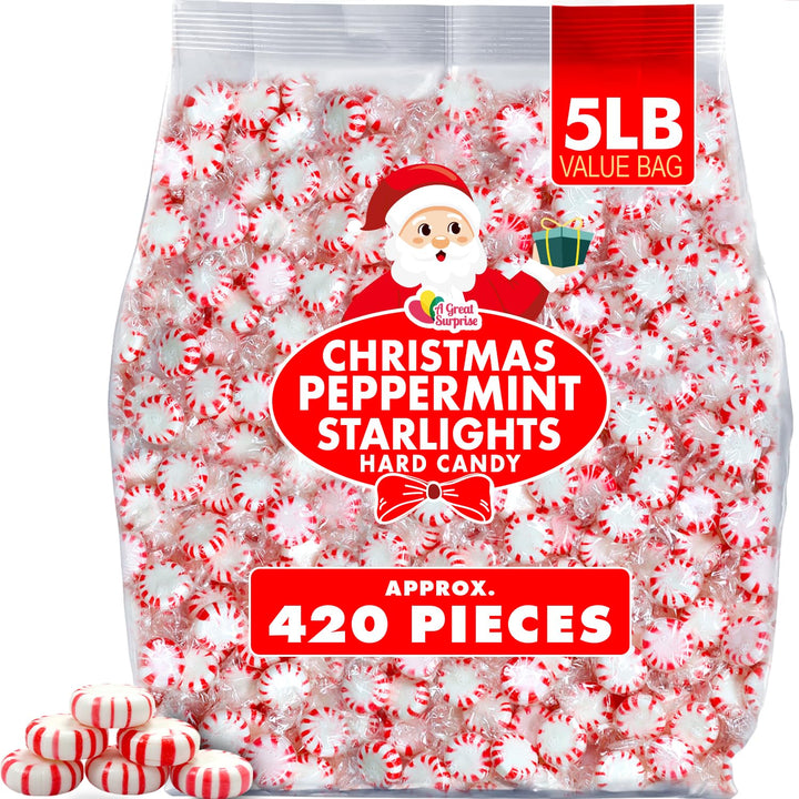 Christmas Starlight Peppermint Candy - 5 lb Bulk Bag - Red & White Peppermint Hard Candy - Individually Wrapped Mints for Office Candy Bowls