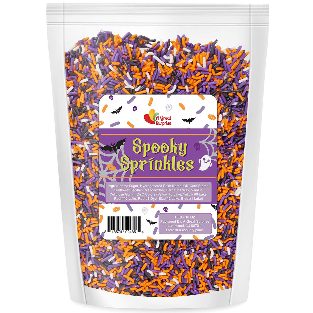 A Great Surprise Halloween Sprinkles - Bulk Sprinkles -16 Oz - Orange, Black, Purple and White Jimmies - Spooky Halloween Sprinkles