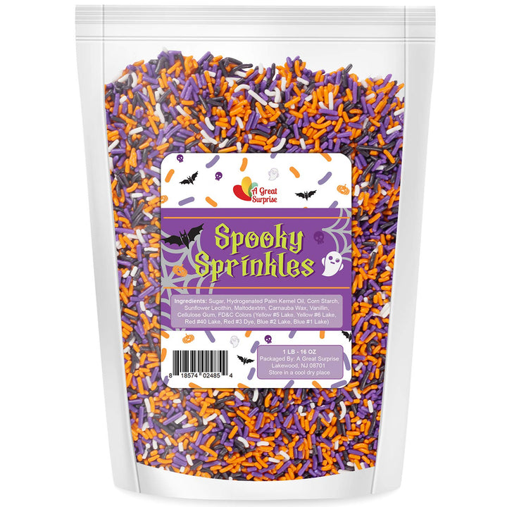 A Great Surprise Halloween Sprinkles - Bulk Sprinkles -16 Oz - Orange, Black, Purple and White Jimmies - Spooky Halloween Sprinkles