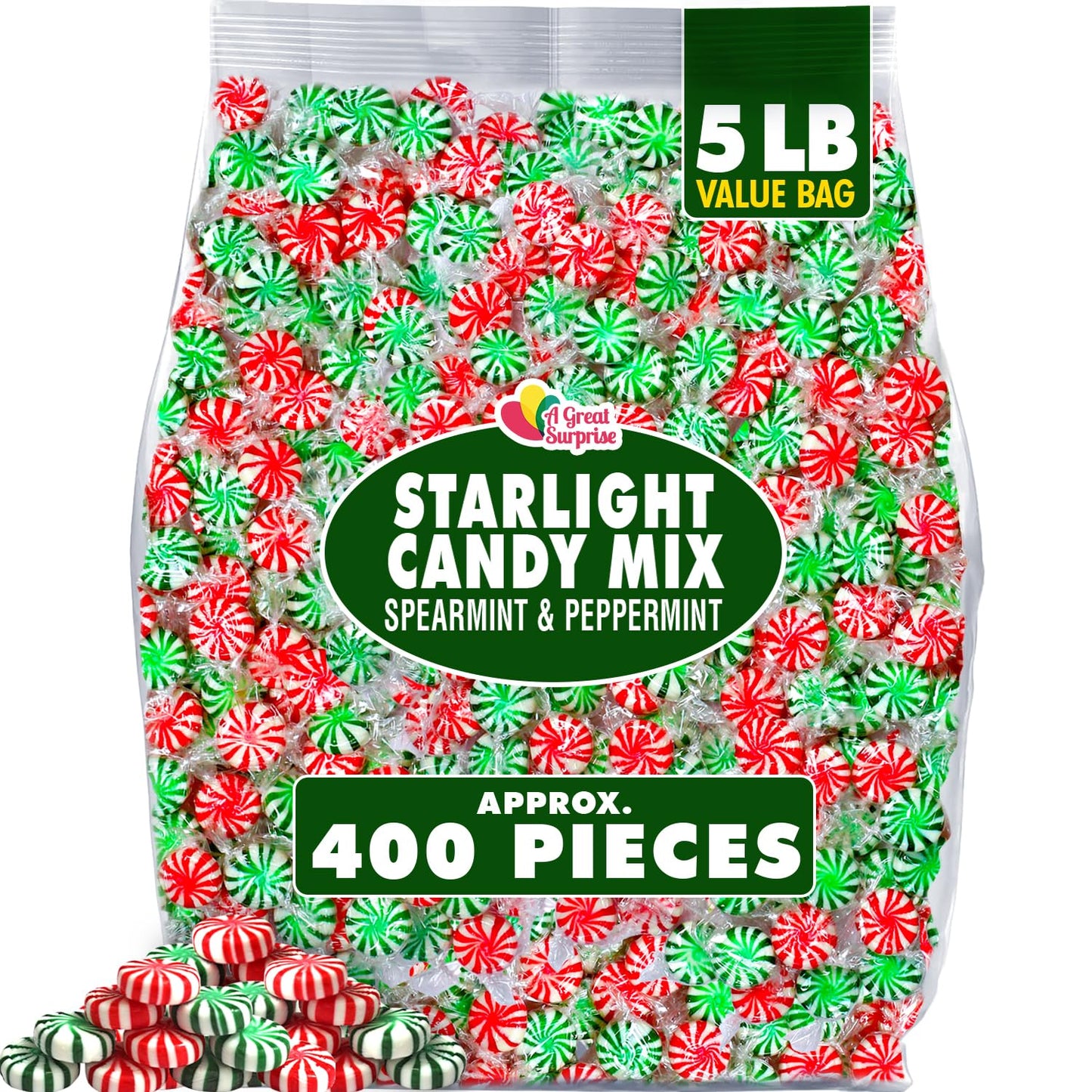 A Great Surprise Starlight Mints Bulk - 5 Pounds - Refreshing Candy Individually Wrapped - Spearmint and Peppermint Hard Candy - Office, Hospitality